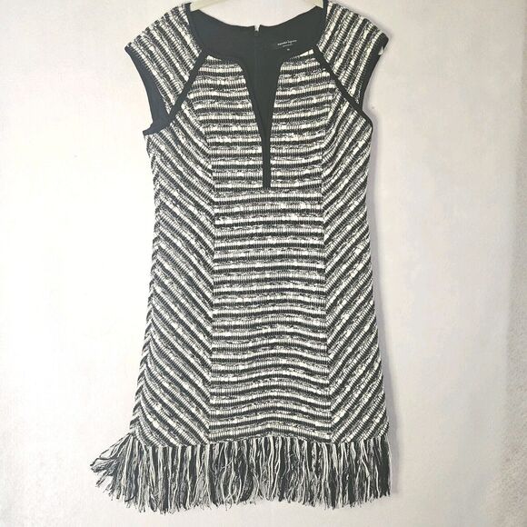 NANETTE LEPORE Sz 10 Black & White Wool Sheath Lined Fringe Hem Cap Sleeve - Picture 1 of 8